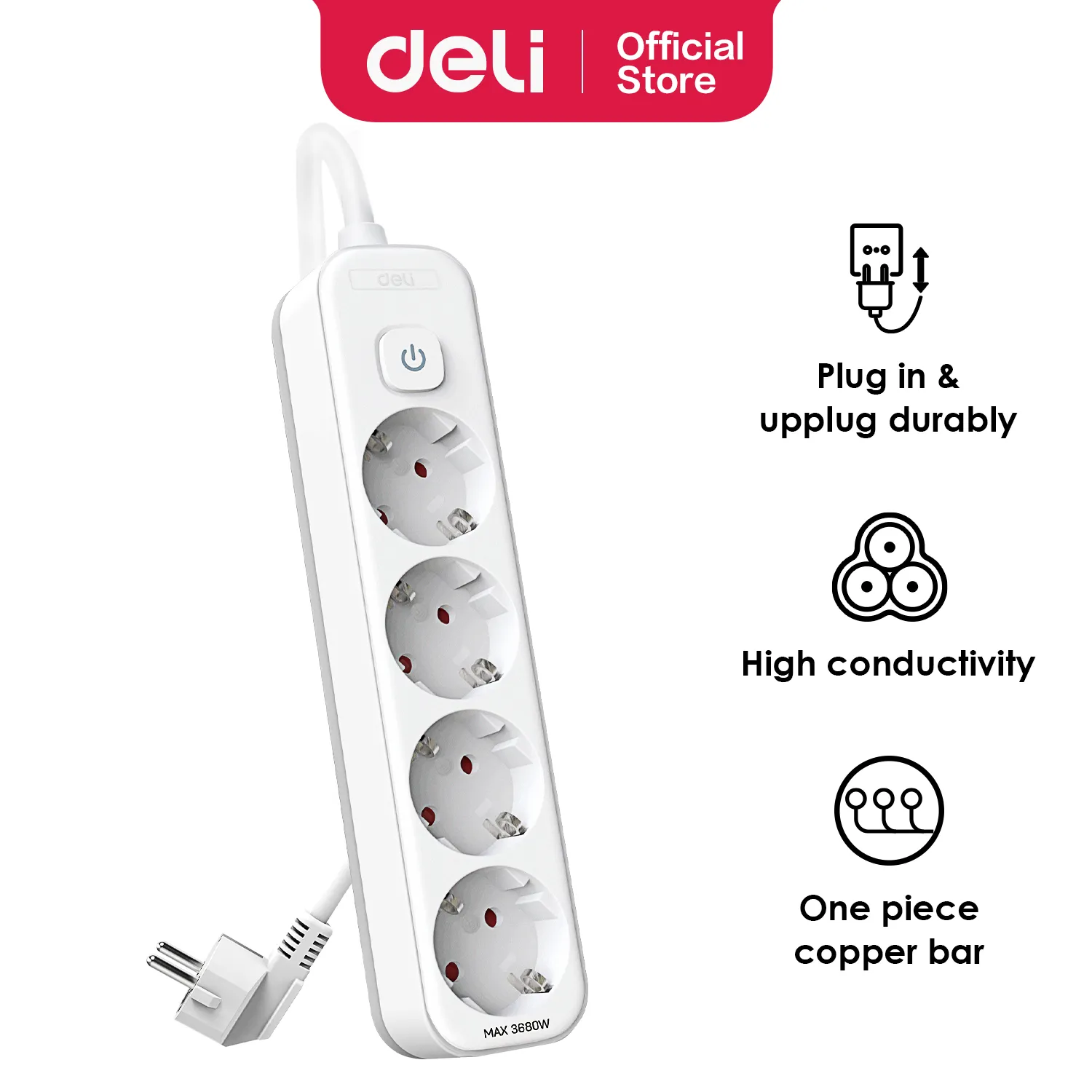 Deli T432 Сетевая розетка Количество гнезд: 3; Длина кабеля: 3 м; Белая