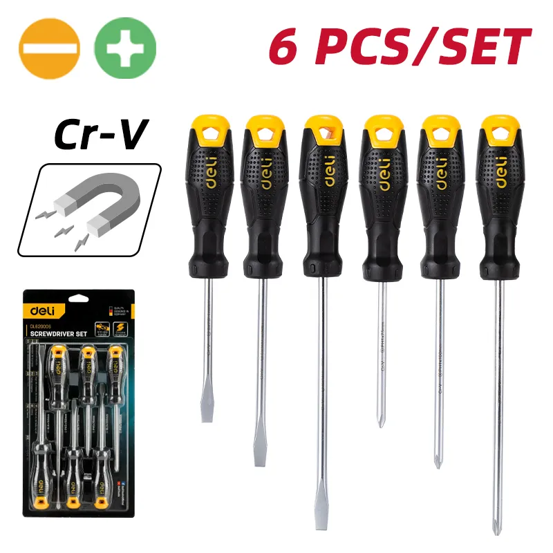 Deli EDL620006 Набор отверток 6 шт SL5/PH1×75mm SL5/PH1×100mm SL6/PH2×150mm желтый